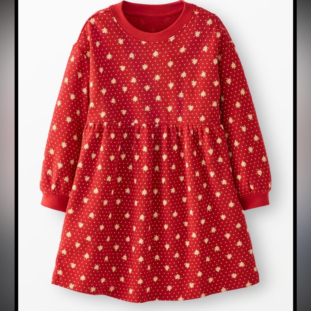 *Hanna Andersson Red Balloon Sleeve Waffle Dress with Tree Print-size is 6-7